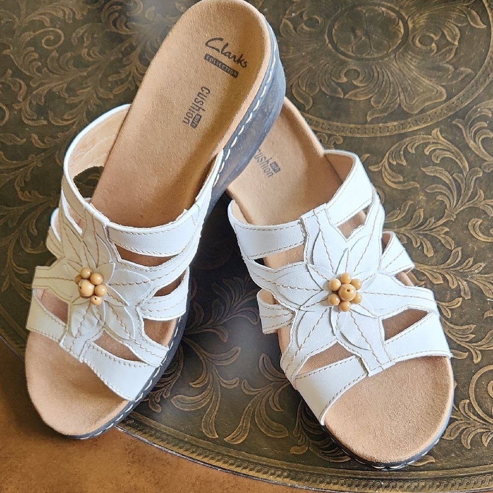 Clarks White Sandals with Floral Accent